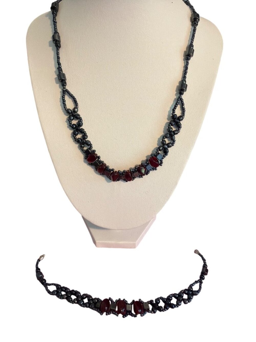 Hematite Red Glass Bead Necklace Bracelet Set Screw Barrel 16" 7.5" Detailed